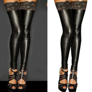 Damen Spitze Halterlose Overknees Strümpfe Kunstleder Glanz Wetlook Lange Socken - Bild 1 von 9