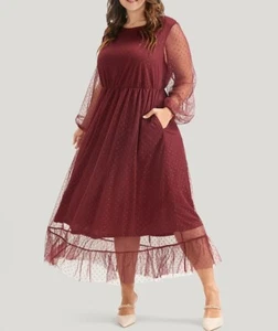 Bloomchic Polka Dot Mesh Pocket Lantern Sleeve Midi Burgundy Dress 18 20 2X - Picture 1 of 7