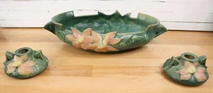 Roseville Blue Clematis Console Bowl 460-12 and Matching Candlesticks 1152  - Picture 1 of 7