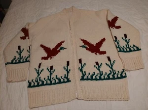 Vintage handgestrickte Wolle Cowichan-Stil Enten beige Jacke mit durchgehendem Reißverschluss - Bild 1 von 6