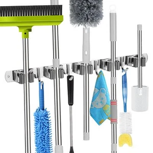 5 Racks and 4 Hooks Mop and Broom Holder Wall Mount, Self Adhesive Heavy Duty... - Picture 1 of 7