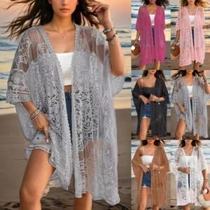Womens Lace Baggy Summer Cardigan Holiday Kimono Beach Cover Up Tops Shirts PLUS - Picture 1 of 16