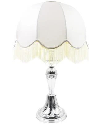 Lampada Abat Jour in Argento con Paralume Cupola in Tessuto Panna con Frange - Immagine 1 di 4