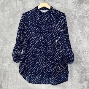 Diane von Furstenberg Shirt Womens 10 Blue Lorelei Two Silk Cotton Dot Print - Picture 1 of 10