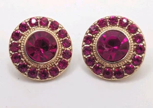 Vintage Monet 1960s Round Earrings Magenta Pink Rhinestone Gold tone Pierced  - Picture 1 of 6