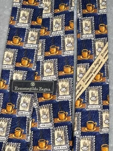 Ermenzegildo Zegna Men's Tie Blue With Coffee Cups Silk NWOT - Picture 1 of 6