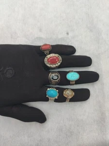 Lote de 6 Anillos de Plata 925 Hechos a Mano Probados Piedras Mezcladas Turquesa Coral Ágata 43g - Imagen 1 de 20