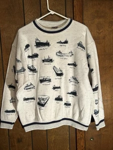 Vintage 90s Oneita Made In USA Ship Boat AOP Crew Neck Sweatshirt Size Large - Imagen 1 de 9