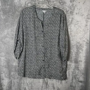 Catherines Women’s Size  2X Black White 3/4 Leaves Blouse V-Neck Button Down - Picture 1 of 8