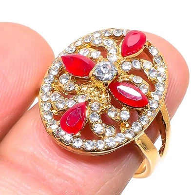 Red Ruby(Simulated) White Topaz Gemstone Handmade Jewelry Ring Size 8 y119 - Image 1 of 2