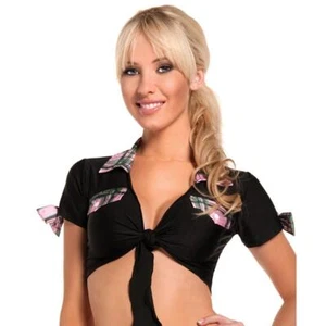 Tie Front Crop Top Pink Plaid Collar Bows Short Sleeve School Girl Black BW1016 - Picture 1 of 2