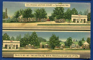 Baldridge Motor Court on Route 66 Springfield Missouri Mo Leinen Postkarte - Bild 1 von 2
