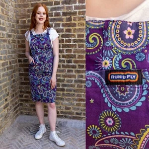 RUN AND FLY Purple Paisley Longer Length Pinafore Dress Dungaree Dress Retro Vtg - Picture 1 of 5
