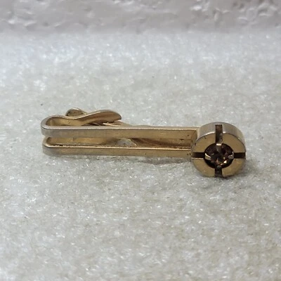 Vintage Swank Tie Bar Clip Gold Toned Rectangle With Circle Amber Color Gem - Изображение 1 из 4