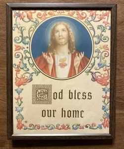 Cuadro de colección 1936 Dios bendiga nuestra casa enmarcado Jesús rezar decoración religiosa antiguo B3 - Imagen 1 de 12