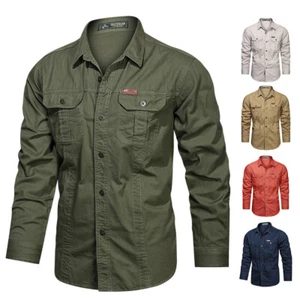 Mens Cargo Shirt Lapel Neck Tops Men Soft Long Sleeve Holiday Tactical Shirts ∂ - Picture 1 of 23