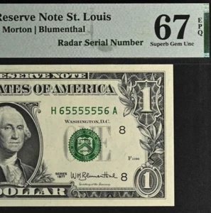 Top Pop 1977 $1 FRN PMG 67EPQ Finest gem super radar serial number 65555556 - Picture 1 of 4