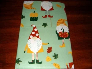 Gnomes Autumn Leaves and Pumpkins Vinyl Flannel Back Tablecloth 60" Round - Picture 1 of 3