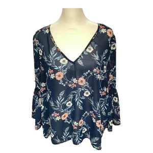 Lily White Floral Long Flowy Bell Sleeve Top Navy Blue L Boho Chic Feminine - Picture 1 of 9