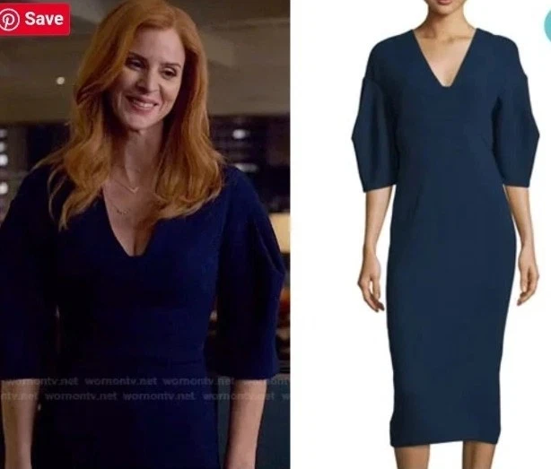 Vestido Lela Rose Media Manga Cuello en V Midi Azul Marino Lana Virgen Donna Pulson Trajes Talla 4 Foto 1 de 4