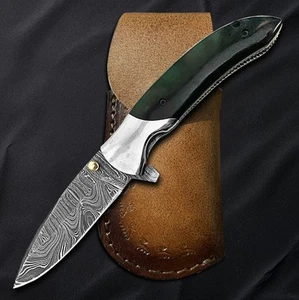 “Custom Handmade Damascus Steel Folding Knife – Green Handle with Brass Bolsters - Picture 1 of 1