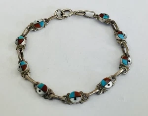 "Brazalete de eslabones con incrustación de coral turquesa cara solar vintage Zuni 7""" - Imagen 1 de 15