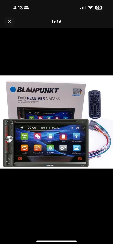 Blaupunkt 6.9" 2-Din Touchscreen DVD AM FM Receiver w/Bluetooth & Remote -NAPA65 - Image 1 of 4