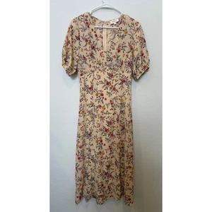 Bohme Floral Print V Neck Short Sleeve Midi Dress Cream Blush Pink S Cottage - Picture 1 of 7