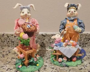 Mr. & Mrs. Easter Bunny Fabric Mache Hand painted Figurines - Picture 1 of 5