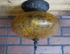 Vintage Antique Cast Iron Porch Ceiling Light Amber Glass Shade 10.5" L x 11" W - Picture 1 of 10