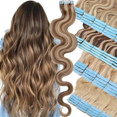 Full Head 150G Wavy Tape In Human Hair Extensions 100% Remy Invisible Skin Weft - Image 1 of 4
