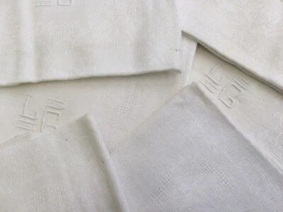 Nappe ancienne et 4 serviettes de table damassées blanches monogramme. L G -150 - Photo 1/4