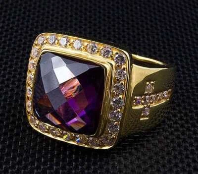 Diamond Cross Amethyst Yellow Gold Mens Bishop Ring - Image 1 of 4