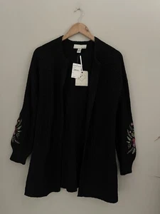 By design Nordstrom Black Cardigan Sweater With Embroidered Sleeves Size M - Picture 1 of 8