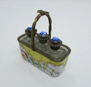 Limoges Box Basket with 3 Fine Crystal Perfume Bottles - Cobalt Bevel Jewel Tops - Picture 1 of 7