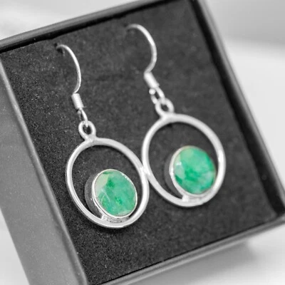 925 Sterling Silver Emerald Round Hoop Drop Earrings Lab Created Gemstone - Image 1 of 4