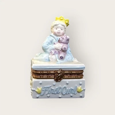 Torta de lama primeira curva articulada porcelana bugiganga caixa lembrança bebê coroa urso azul - Imagem 1 de 4