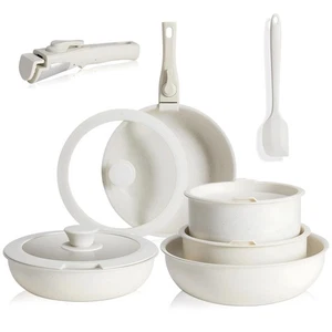 Juego de 12 ollas y sartenes, juegos de utensilios de cocina antiadherentes utensilios de cocina de inducción de granito blanco - Imagen 1 de 7