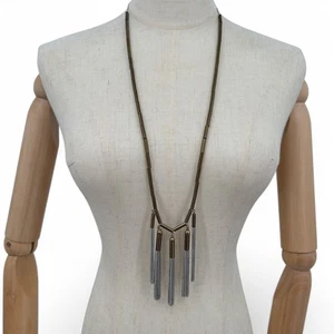 Banana Republic Chain Tassel Statement Necklace Antiqued Brass and Silver Tone - Picture 1 of 8