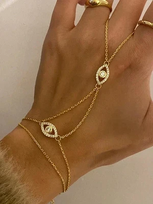 1.90Ct Lab-Created Diamond Evil Eye Hand Chain Bracelet 14k Yellow Gold Plated - Image 1 of 3