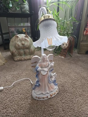Vintage Porcelain Angel Lamp With Frosted Ruffled Shade - Image 1 of 4