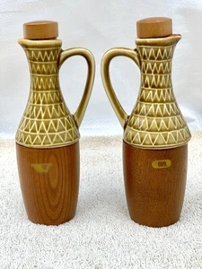 Vintage Ceramic & Wood Vinegar and Oil Bottle Set Mid Century - Picture 1 of 12