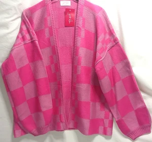Jess Lea Check You Later Oversized Cardigan Pink Check L/XL Acrylic NWT - Picture 1 of 11
