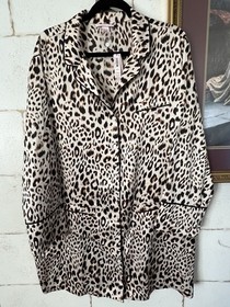Victoria's Secret Leopard Print Satin Poly Collared Sleep Shirt Dress PJ Top XL