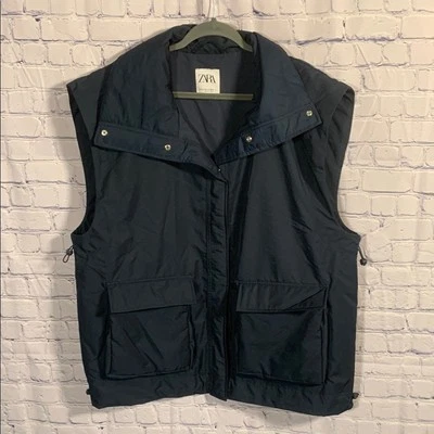 Colete quadrado feminino Zara sem mangas azul marinho escuro tamanho M-L pescador externo - Imagem 1 de 4