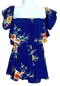 NLW Romper Women's Size Small Blue Peach Floral Cold Shoulder Summer Jumper - Picture 1 of 5