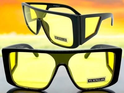 Oversized Modern Retro Shield Party Raver DJ SUN GLASSES Black Frame Yellow Lens - Image 1 of 4