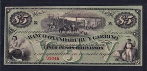Banco Oxandaburu y Garbino 5 Pesos Bolivianos 1869 Argentina P-S1783r UNC - Imagen 1 de 2