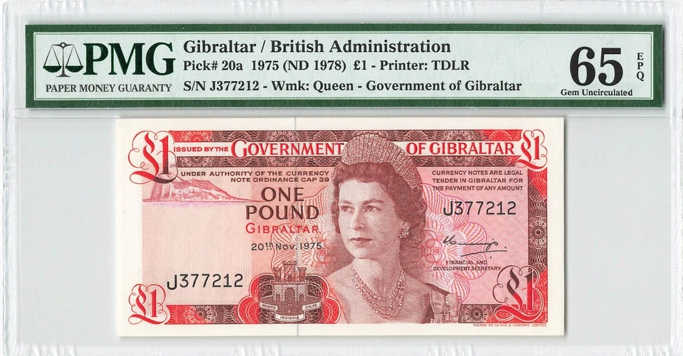 GIBRALTAR 1975 (1978) 1 Pound, P-20a, PMG 65 EPQ GEM UNC, 1st Date, QEII Note - Image 1 of 2