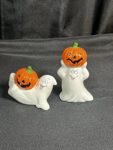 Vintage Halloween anthropomorphes Gesicht Keramik Geist mit Kürbissen 2er Set - Bild 1 von 8
